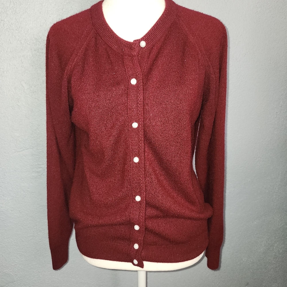 Designers Originals Burgundy Button-Front Crewneck Cardigan